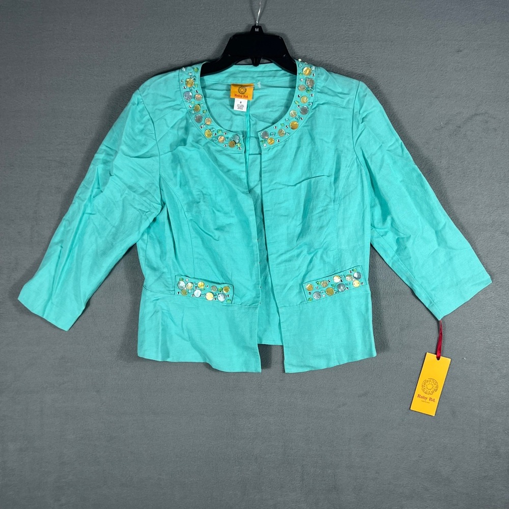 Ruby Rd Womens Jacket Size 8 Teal Solid Embellished 3/4 Sleeve NWT